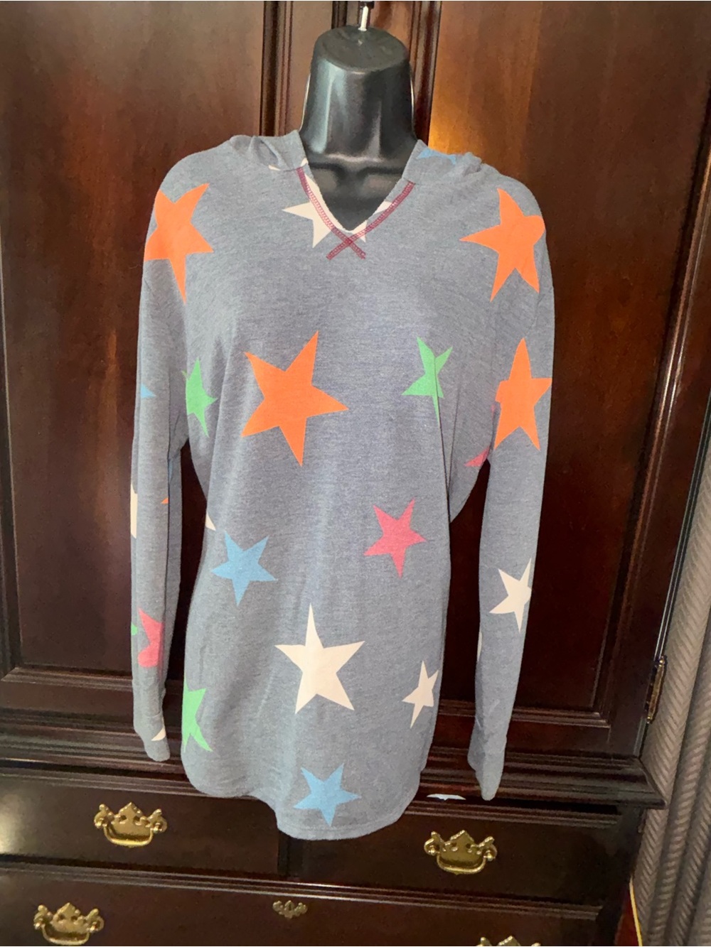 Woman Star Print Hooded Long Sleeve Top - Heather Blue
